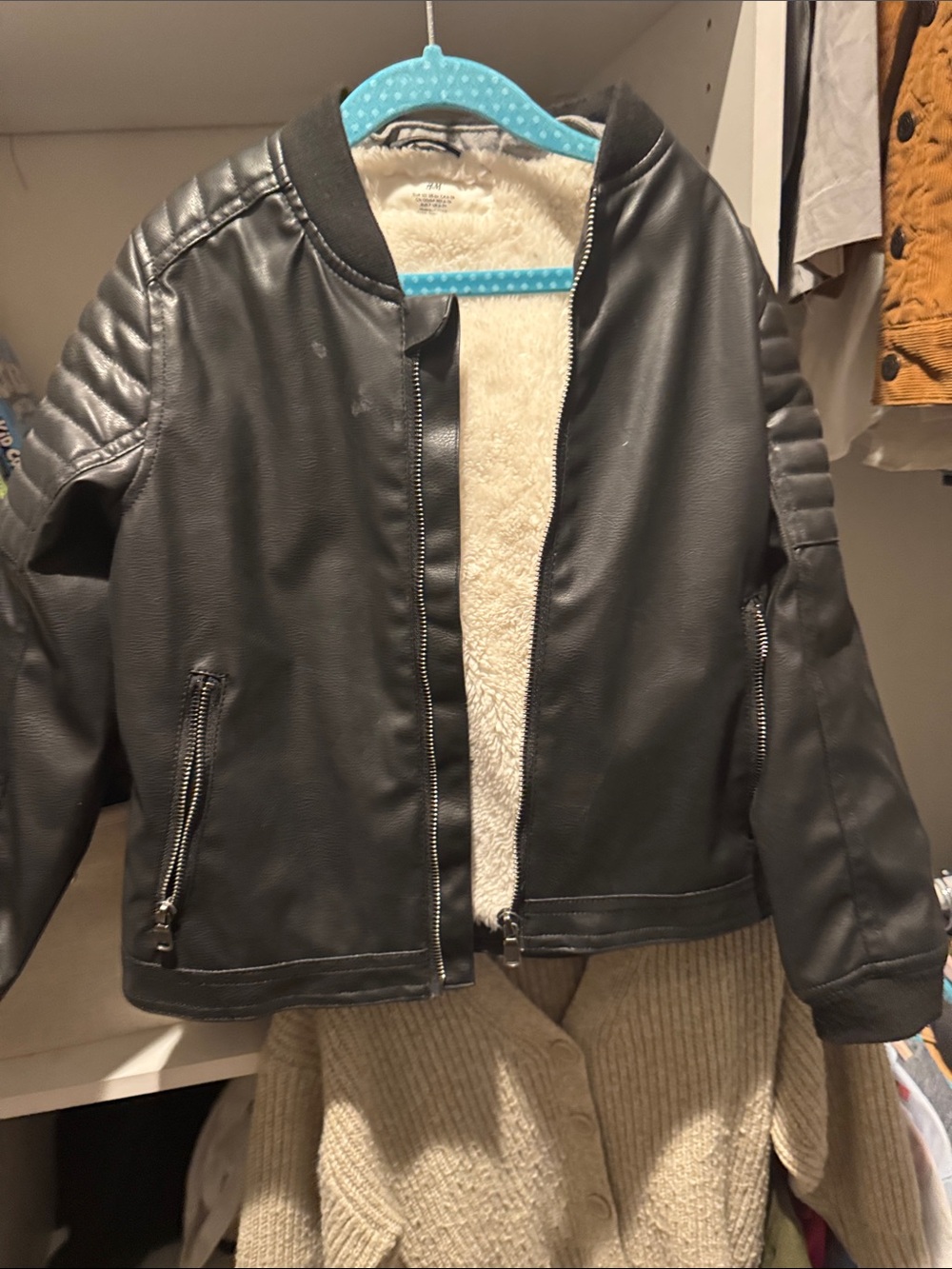 H&M Black Faux Leather Kids Bomber Jacket with Cream Sherpa Lining
